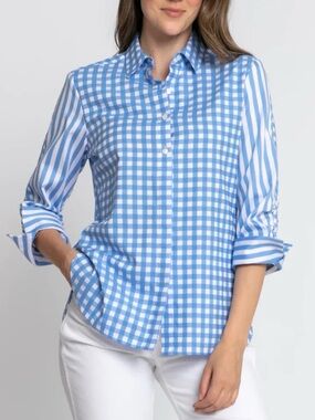 Hinson Wu Zoey 3/4 Ruched Sleeve Cotton Button Down Shirt Blue Gingham|Stripes S